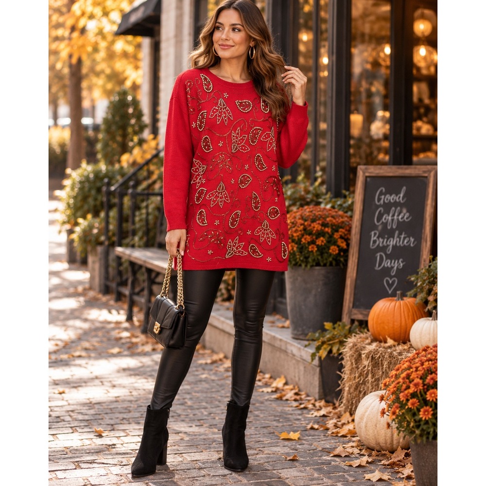 Victoria Jones Vintage 90s Beaded Sweater Women Medium Red Tunic Grandmacore